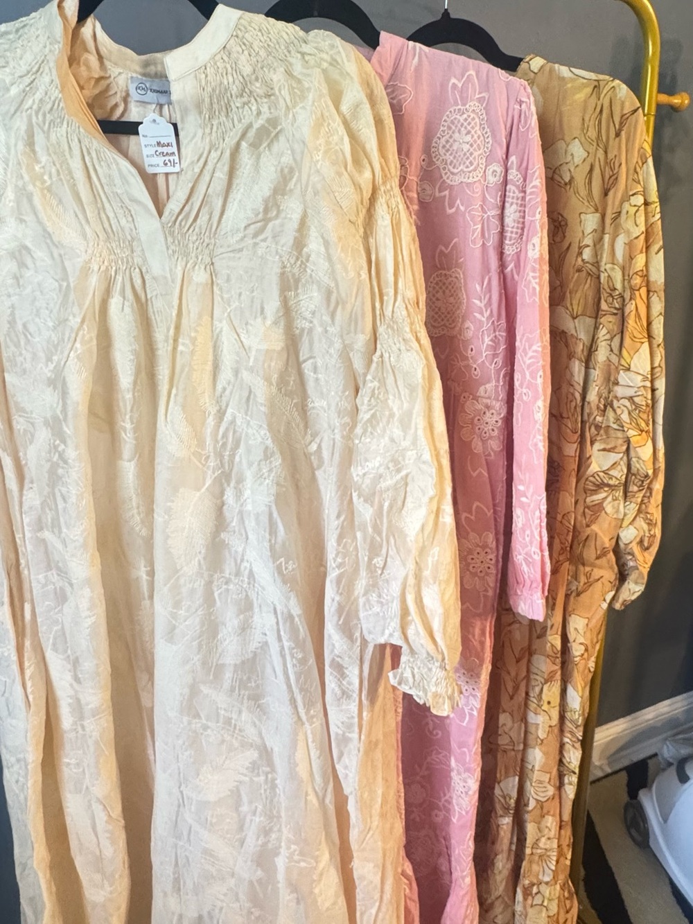 Women's Cream Embroidered Long Sleeve Boho maxi dresses